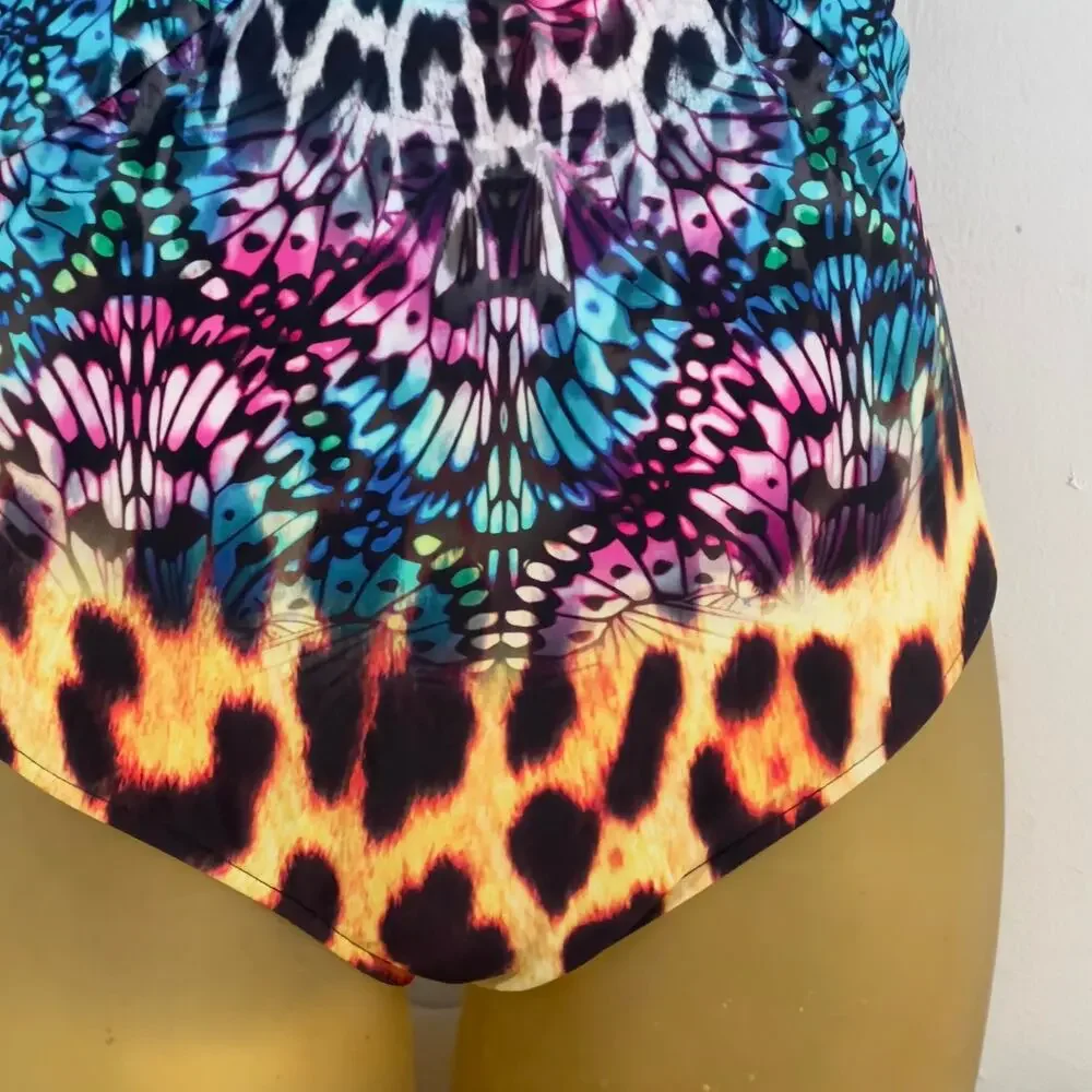 Venus Jungle Party One-Piece Swimsuit V-Neck Gold Ring Animal Print Womens 12
